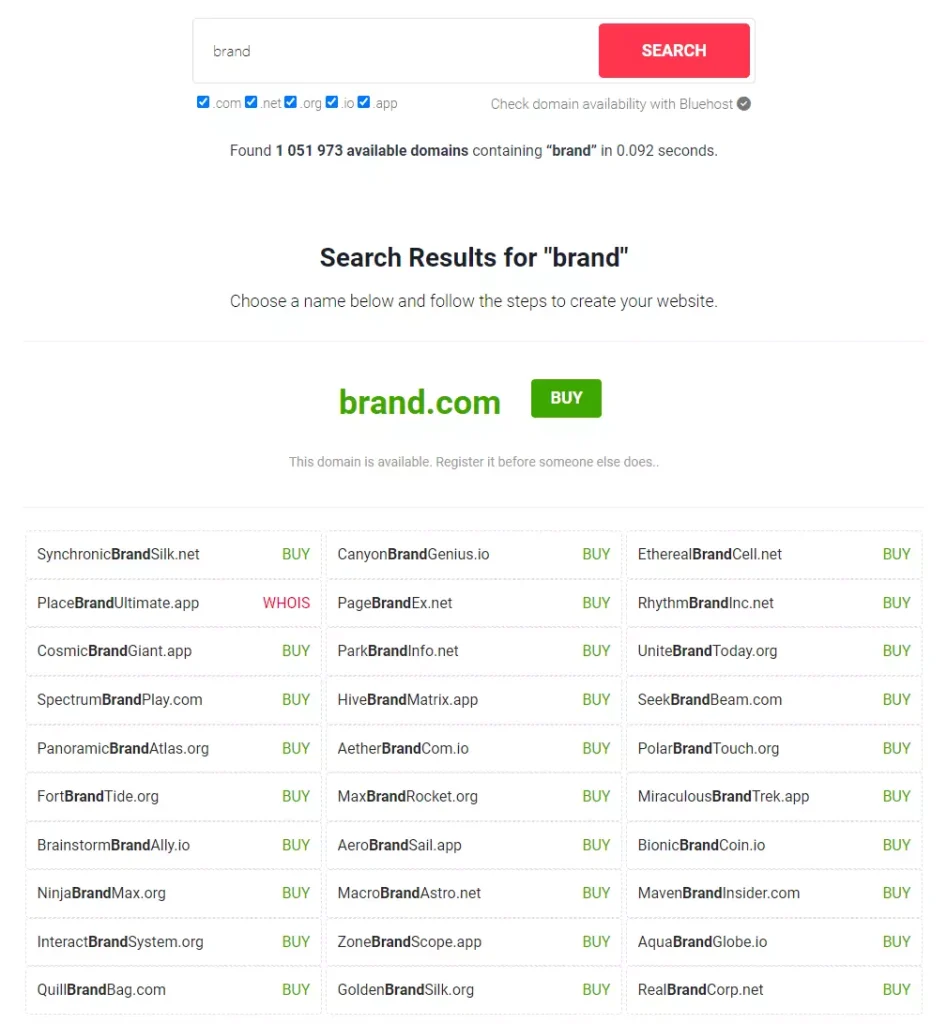 NameHassle.com free domain name generator search results for "brand" 