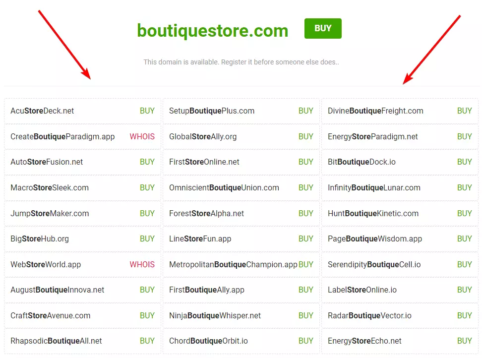 NameHassle.com store name generator search results with an arrow pointing to the View Details button in the top listing