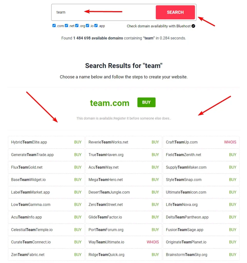 NameHassle.com Sales Team Name Generator search results for team